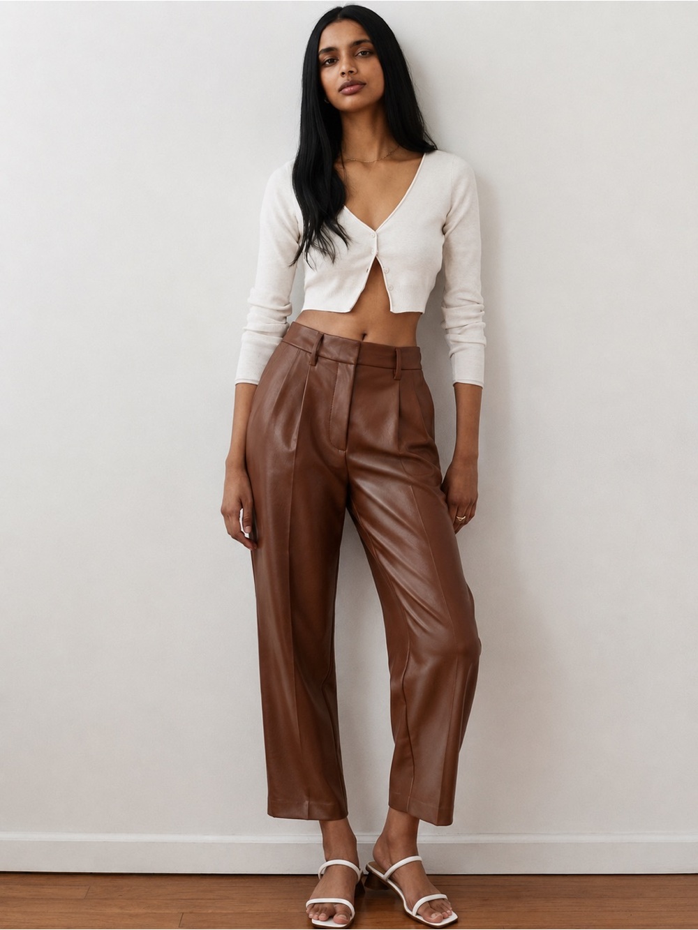 Aritzia Wilfred Vegan Leather Pleated Pants in Cognac